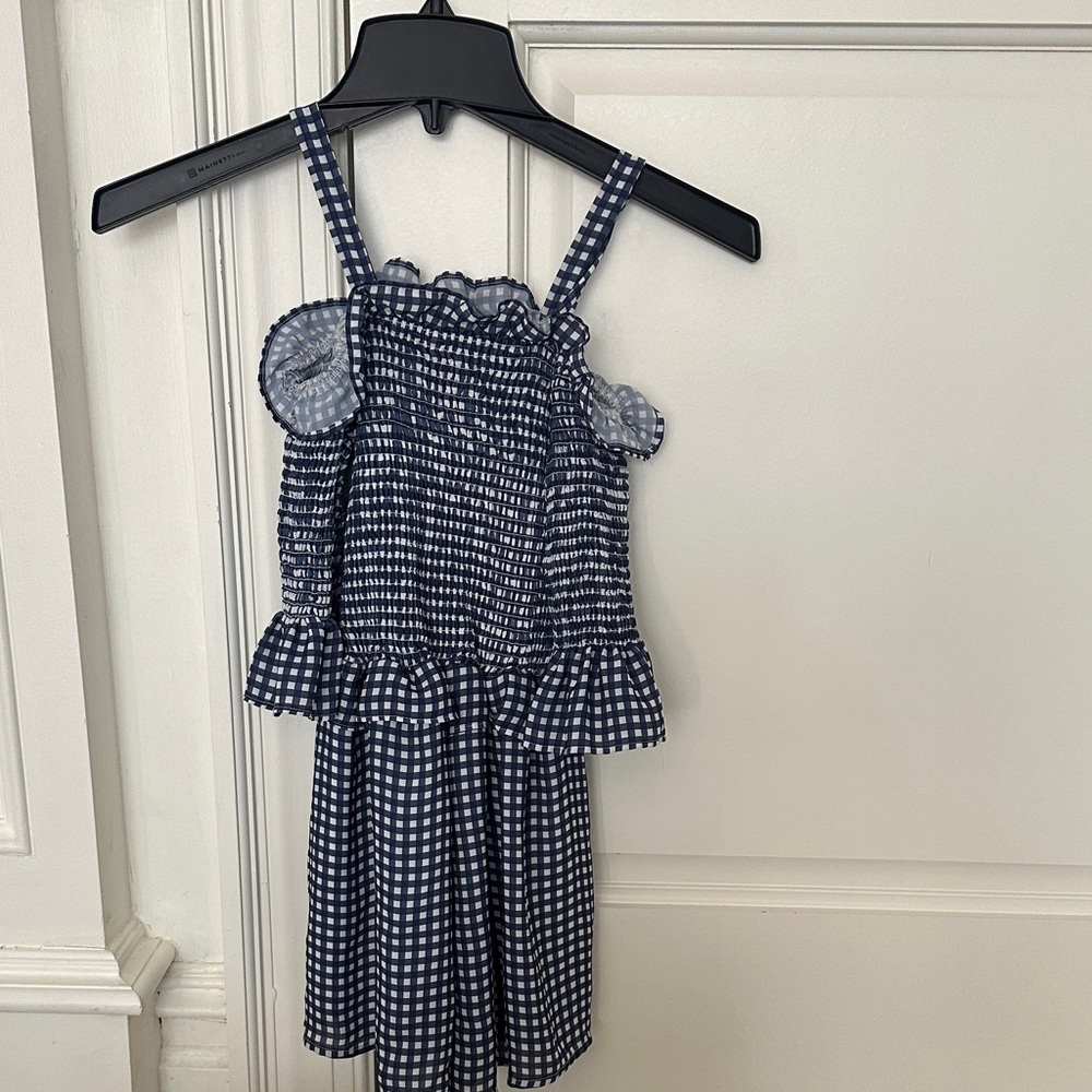 Girl’s Navy Gingham cold shoulder Romper